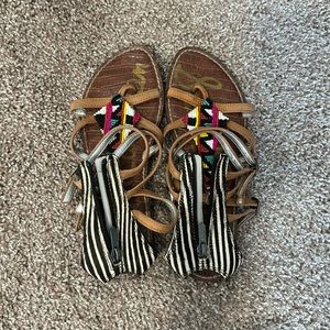 Sam Edelman gladiator sandals with colored beads and zebra. Zip up the back